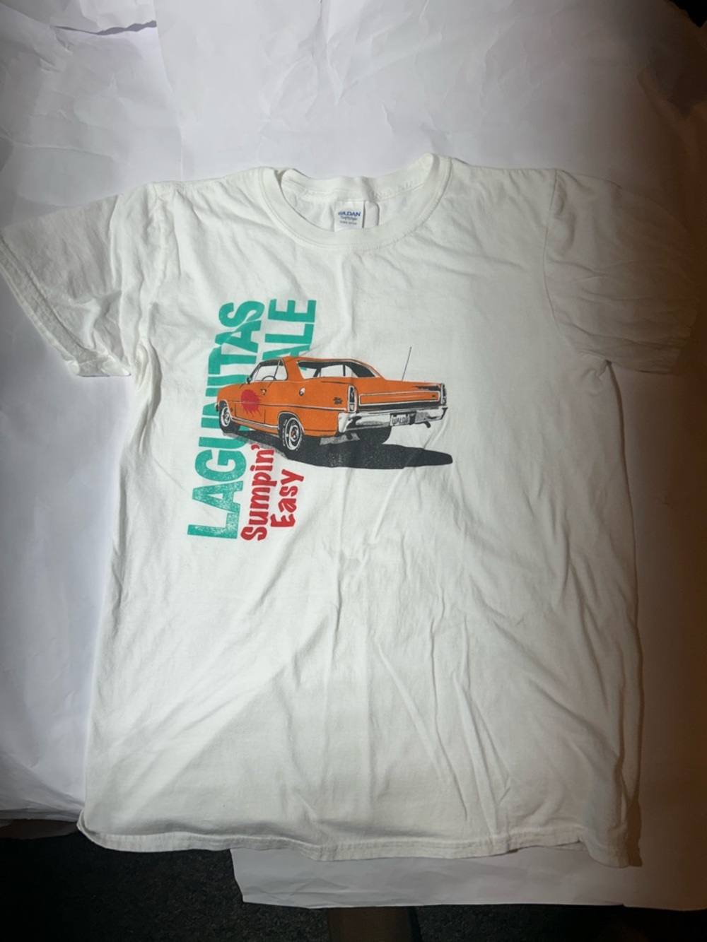 Lagunitas Ale Sumpin’ Easy - White Graphic Tee with Orange Car Print
